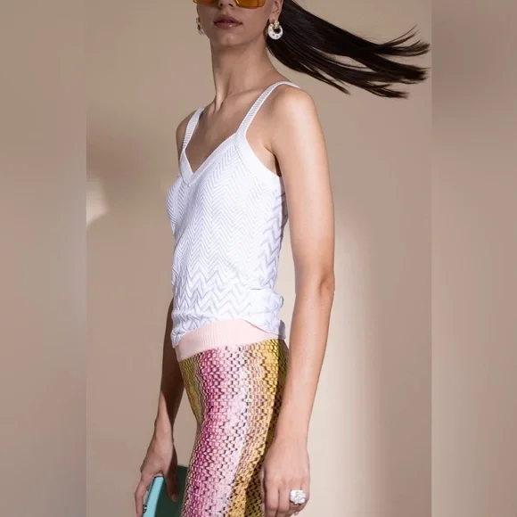 NWT Missoni White V Neck Chevron Tank Top Shirt IT40 NewZigZag Rare Knit